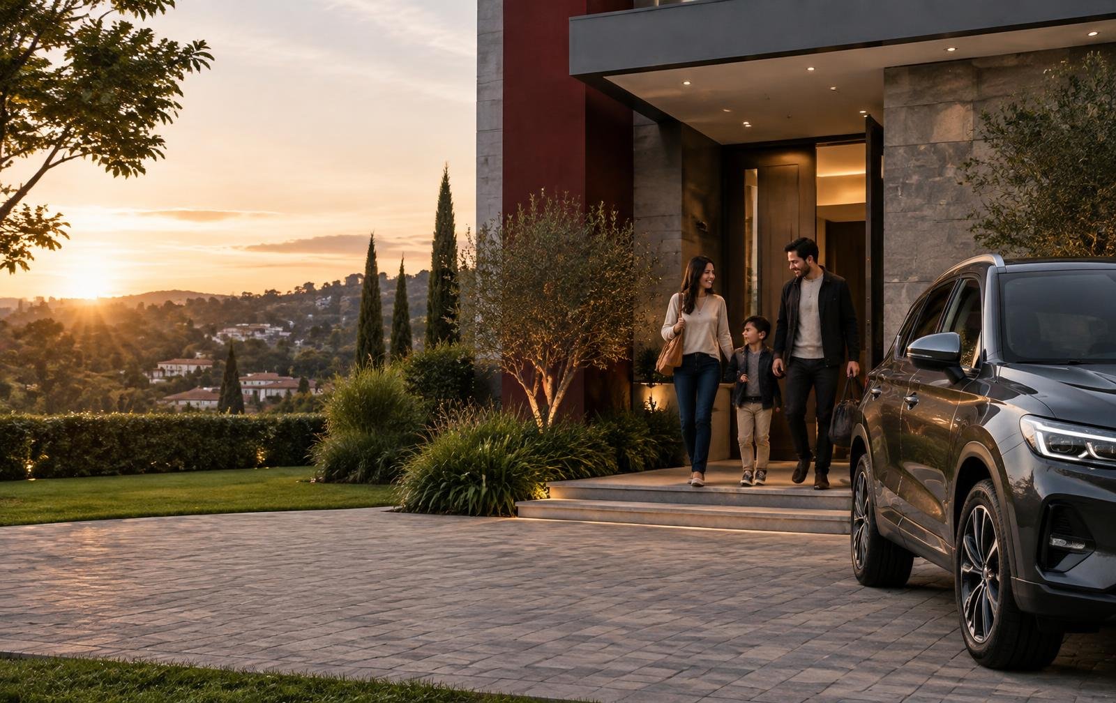 Família ao lado de um automóvel em frente à sua residência